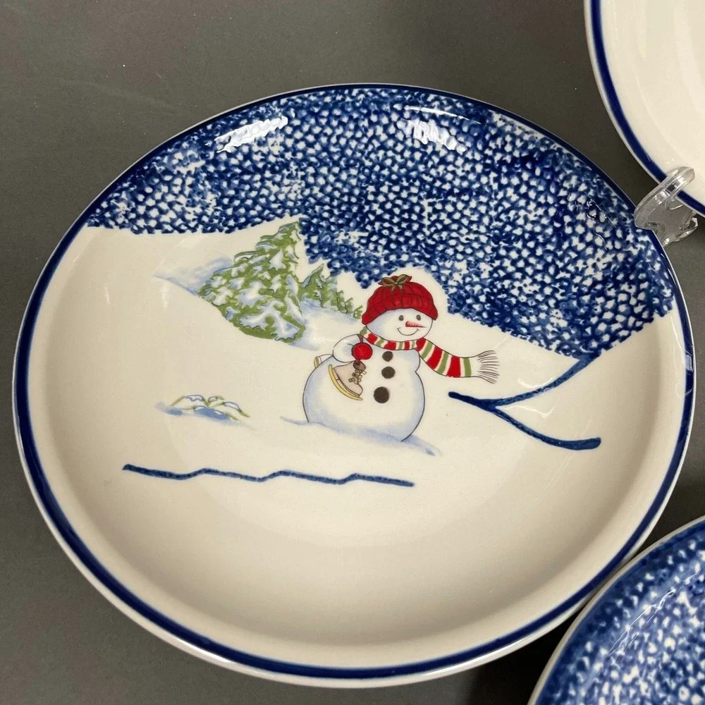 Thomson Pottery Dinner Plates Snowman Blue White‎ 10